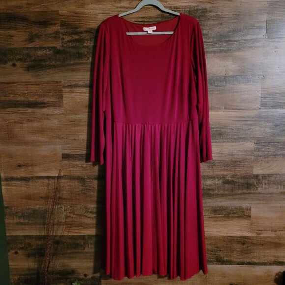 Coldwater Creek Accordion Pleated Maxi Dress Sz 18 Cherry Red Drop Waist Stretch - Picture 1 of 10